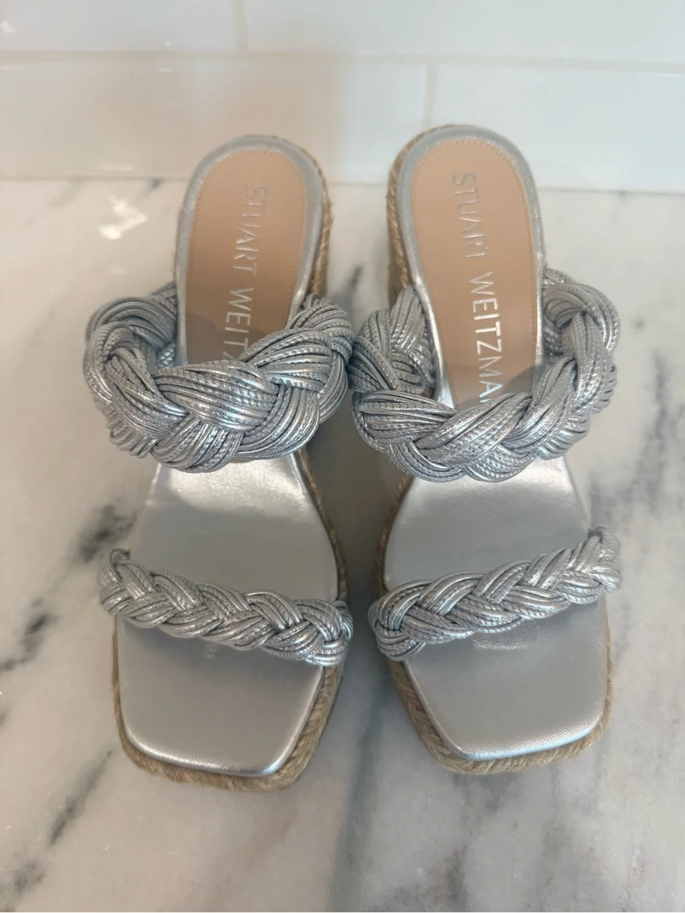 Stuart Weitzman Silver Braided Rope Strap Espadrille Wedge Sandals Spain 6.5